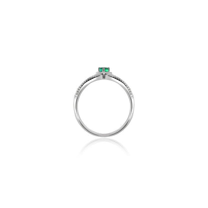 18k Gold Curve Diamond Double Ring with Drop Shape Emerald - Genevieve Collection