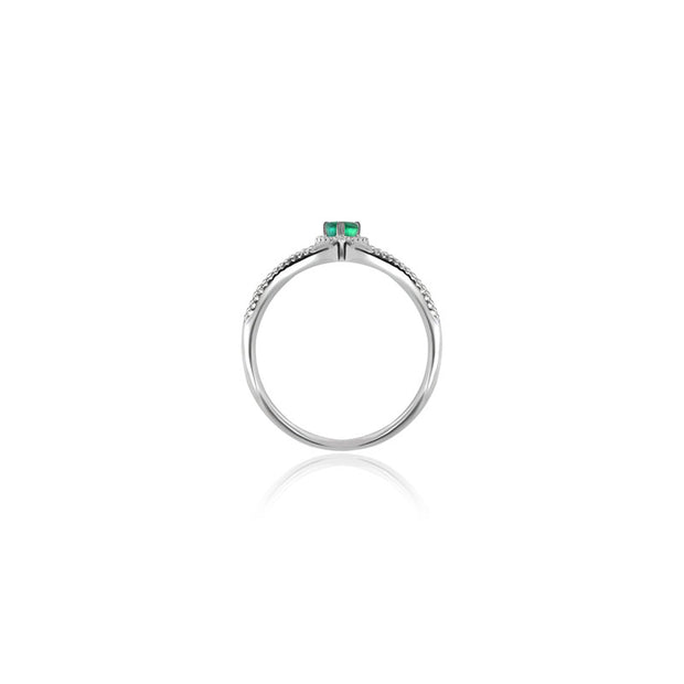 18k Gold Curve Diamond Double Ring with Drop Shape Emerald - Genevieve Collection