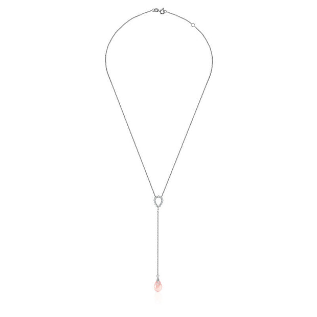 18k Gold Pink Quartz Chain Diamond Necklace With Drop Shape - Genevieve Collection