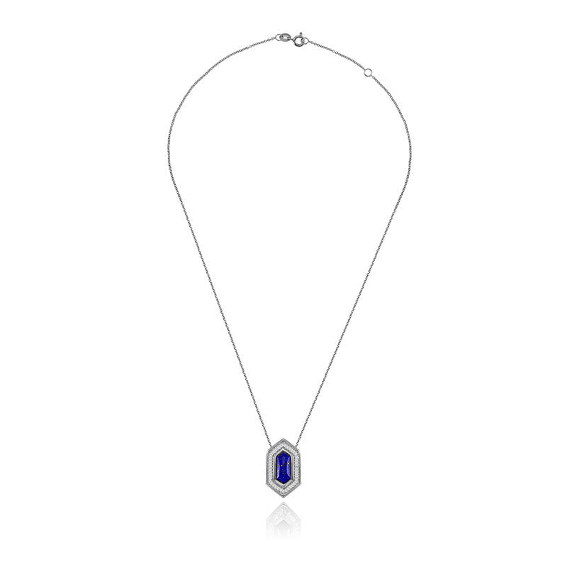 18k Gold Hexagonal Shape Lapis Diamond Necklace - Genevieve Collection