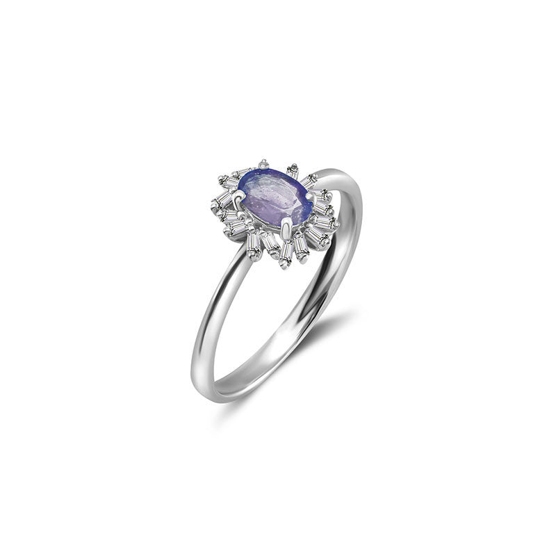 18k Gold Sapphire Ring Surrounded by Irregular Shape Diamond - Genevieve Collection