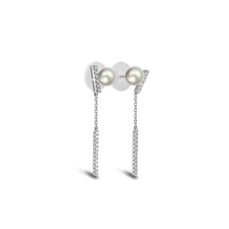 18k Gold Dangle Diamond Bar Earring with Pearl - Genevieve Collection