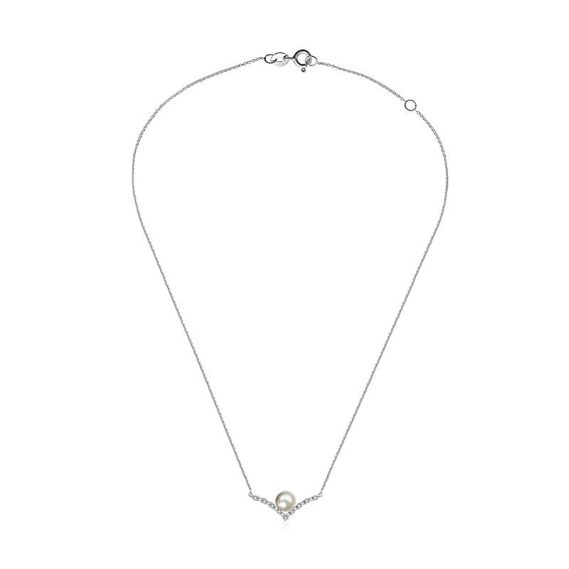 18k Gold Double Curve Diamond Necklace With Pearl - Genevieve Collection