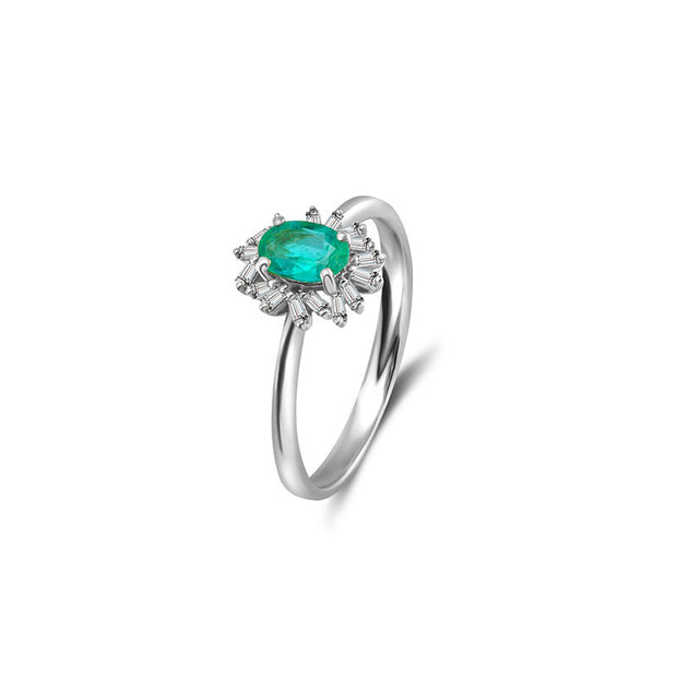 18k Gold Emerald Ring Surrounded by Irregular Shape Diamond - Genevieve Collection