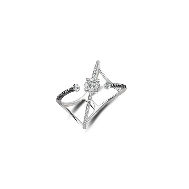18k Gold Cross Diamond Open Ring with Black Diamond - Genevieve Collection