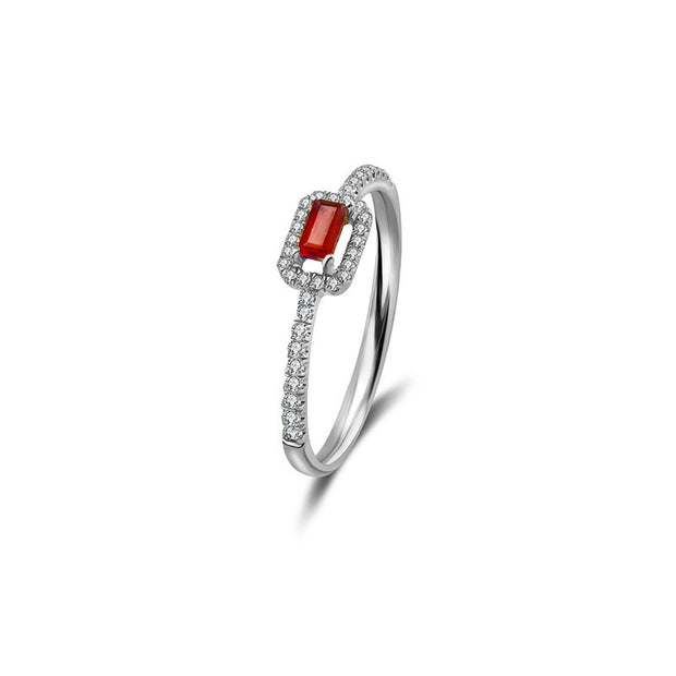 18k Gold Rectangle Shape Ruby Ring Surrounded by Diamond - Genevieve Collection