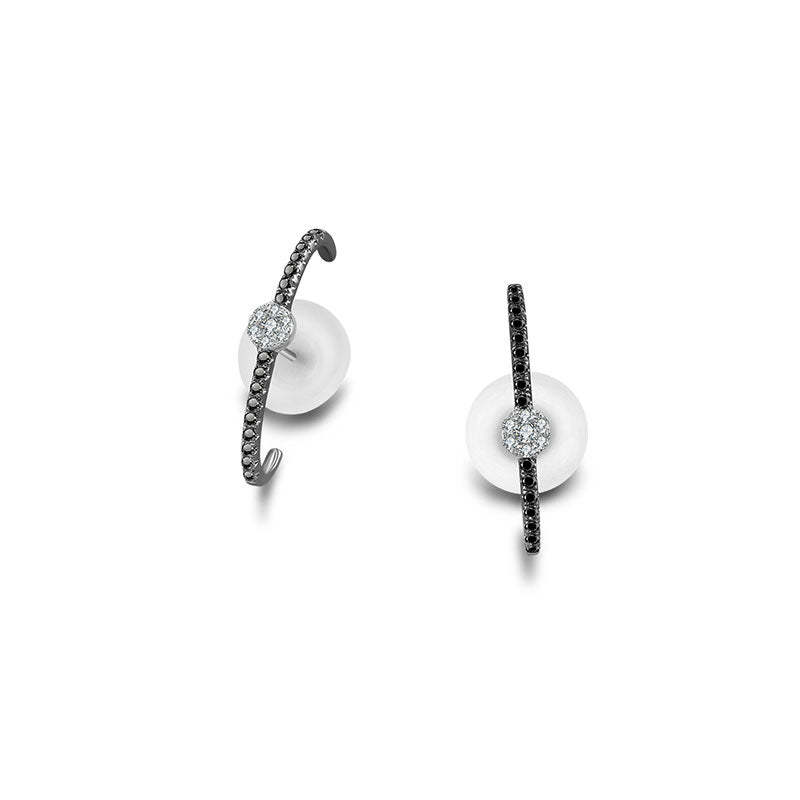 18k Gold Round Pattern Half Hoop Diamond Earring with Black Diamond - Genevieve Collection