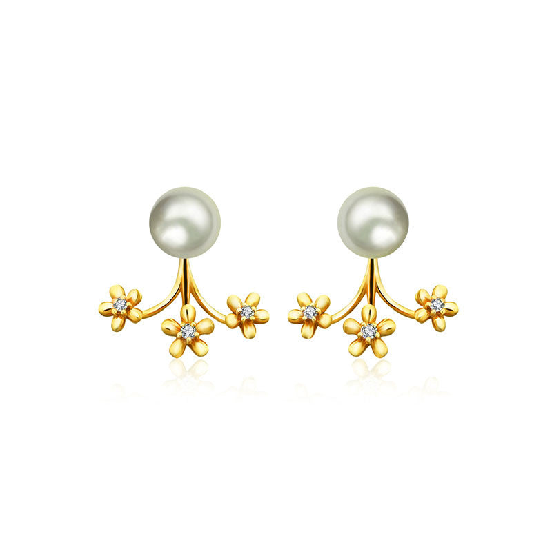 18k Gold Flower Diamond Earring Jacket With Pearl - Genevieve Collection