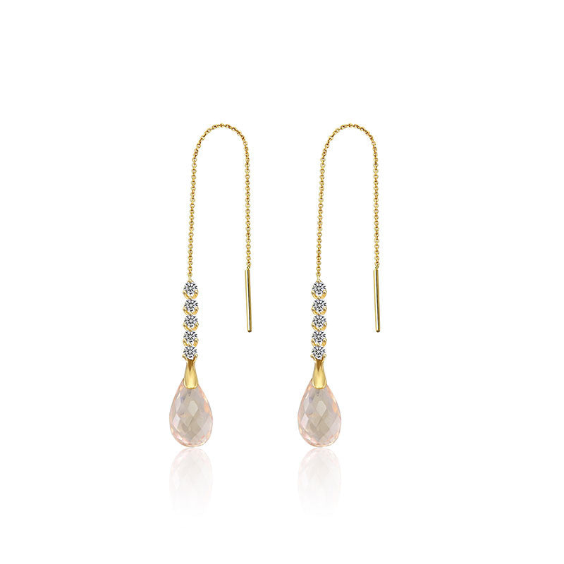 18k Gold Pink Quartz Chain Diamond Earring - Genevieve Collection