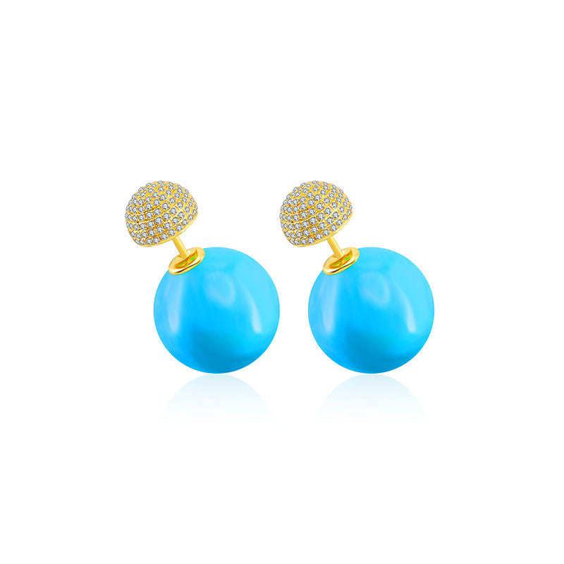 18k Gold 2 Ways Turquoise Diamond Earring in Half Round sphere - Genevieve Collection