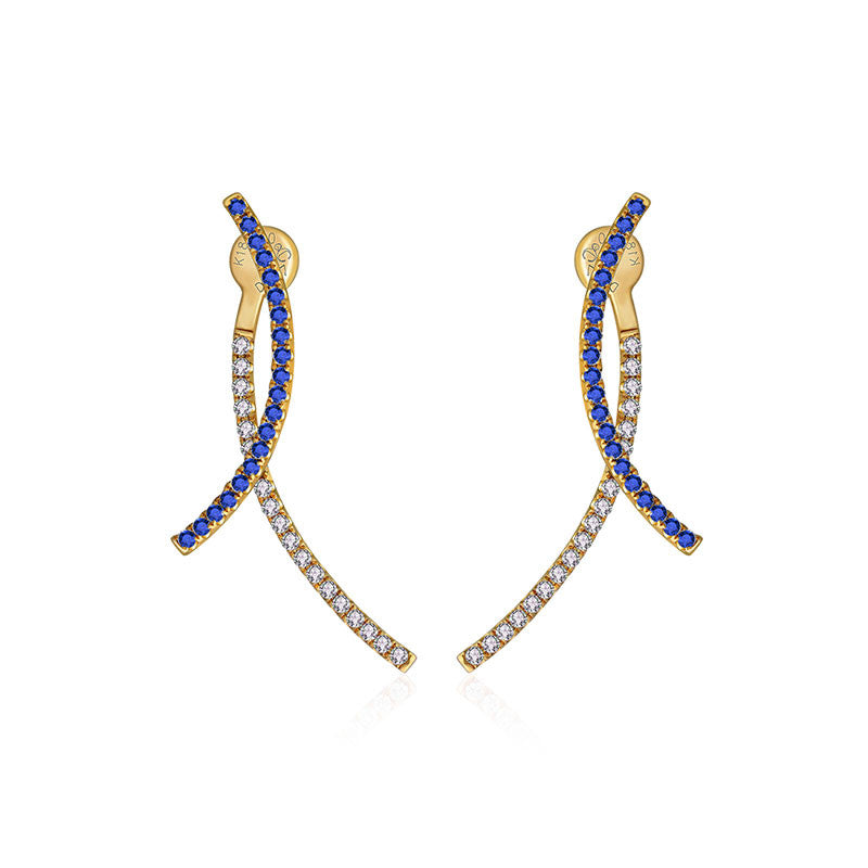 18k Gold Double Curve Diamond Earring With Sapphire - Genevieve Collection