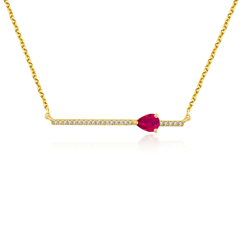 18k Gold Line Diamond Necklace with Drop Shape Ruby - Genevieve Collection