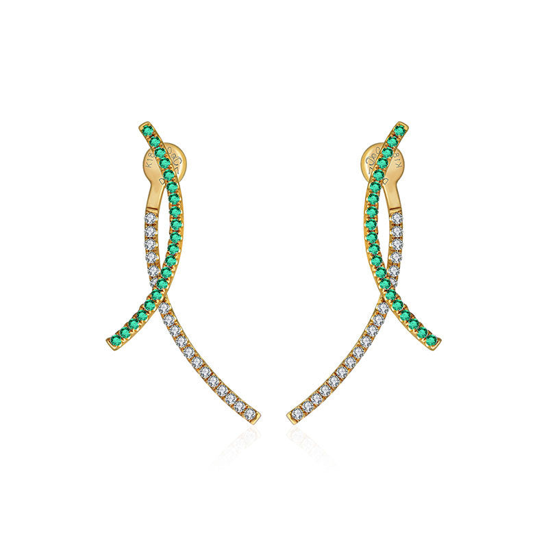 18k Gold Double Curve Diamond Earring With Emerald - Genevieve Collection