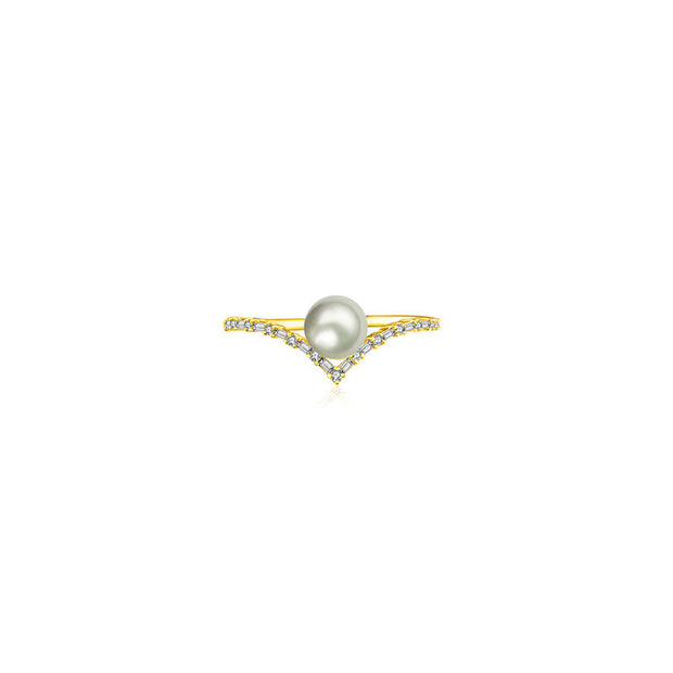 18k Gold Double Curve Diamond Ring With Pearl - Genevieve Collection