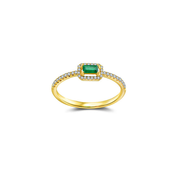 18k Gold Rectangle Shape Emerald Ring Surrounded by Diamond - Genevieve Collection