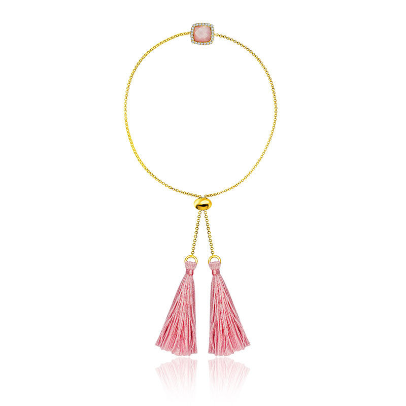 18k Gold Pink Shell Diamond Bracelet with Pink Tassel - Genevieve Collection