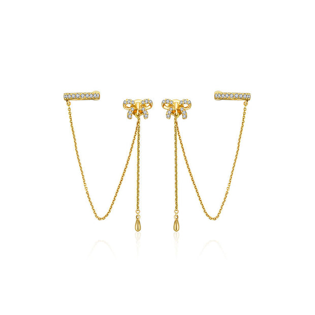 18k Gold Ribbon Shape with Chain Diamond Ear Cuff & Earring - Genevieve Collection