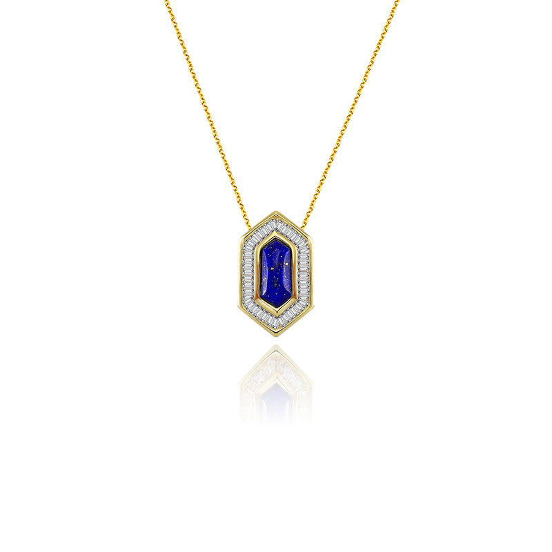 18k Gold Hexagonal Shape Lapis Diamond Necklace - Genevieve Collection