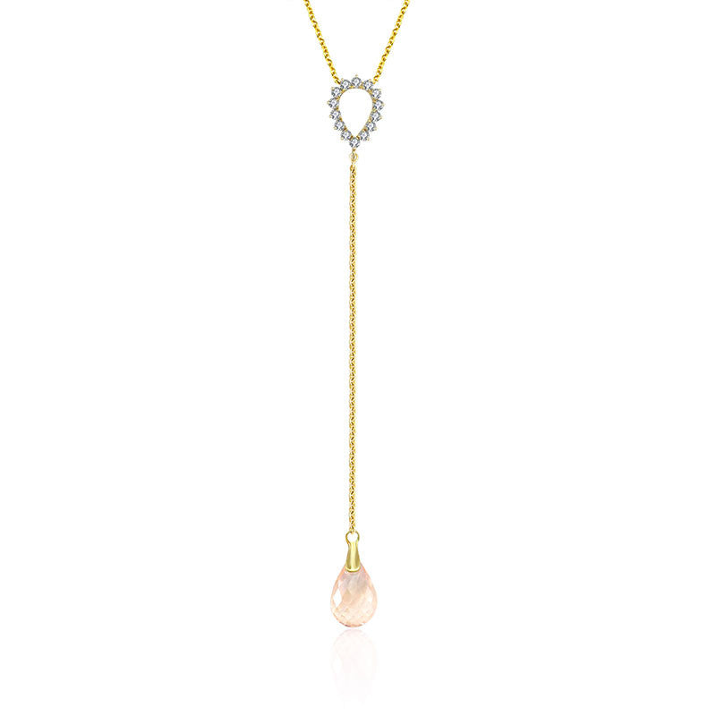 18k Gold Pink Quartz Chain Diamond Necklace With Drop Shape - Genevieve Collection