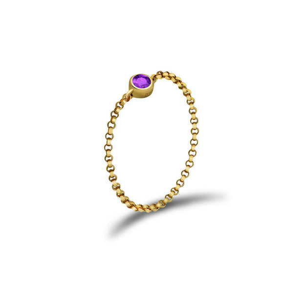 18k Gold February Birthstone Amethyst Chain Ring - Genevieve Collection