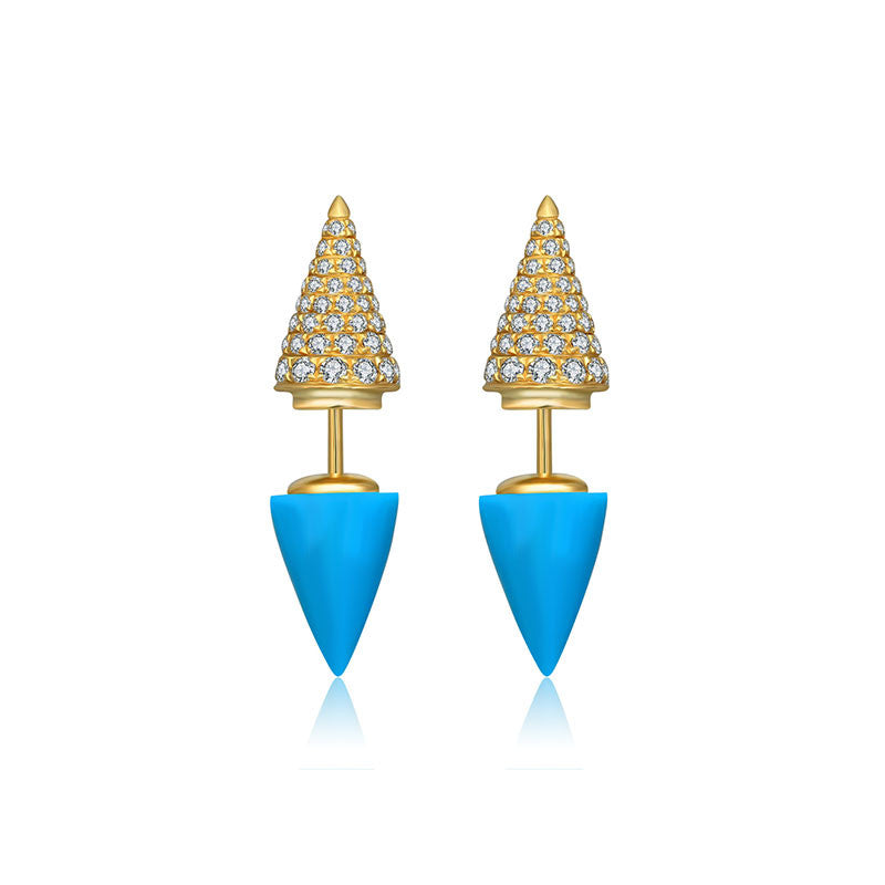 18k Gold 2 Ways Turquoise Diamond Earring in Cone Shape - Genevieve Collection