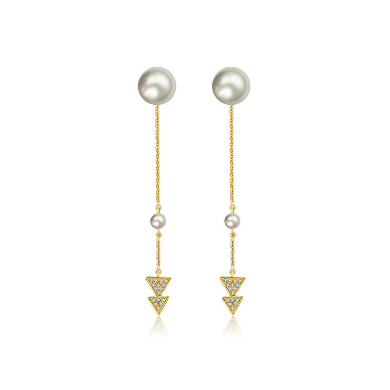 18k Gold Double Arrow Chain Diamond Earring With Pearl - Genevieve Collection