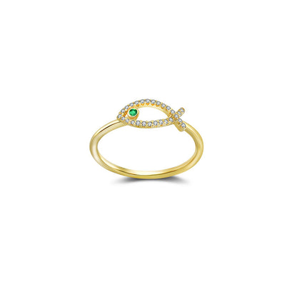 18k Gold Fish Shape Diamond Ring with Emerald - Genevieve Collection