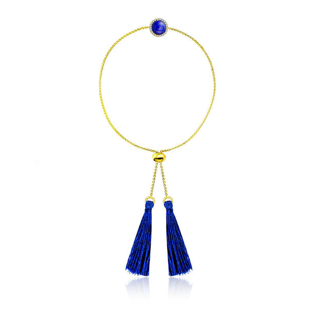 18k Gold Round Lapis Diamond Bracelet with Blue Tassel - Genevieve Collection