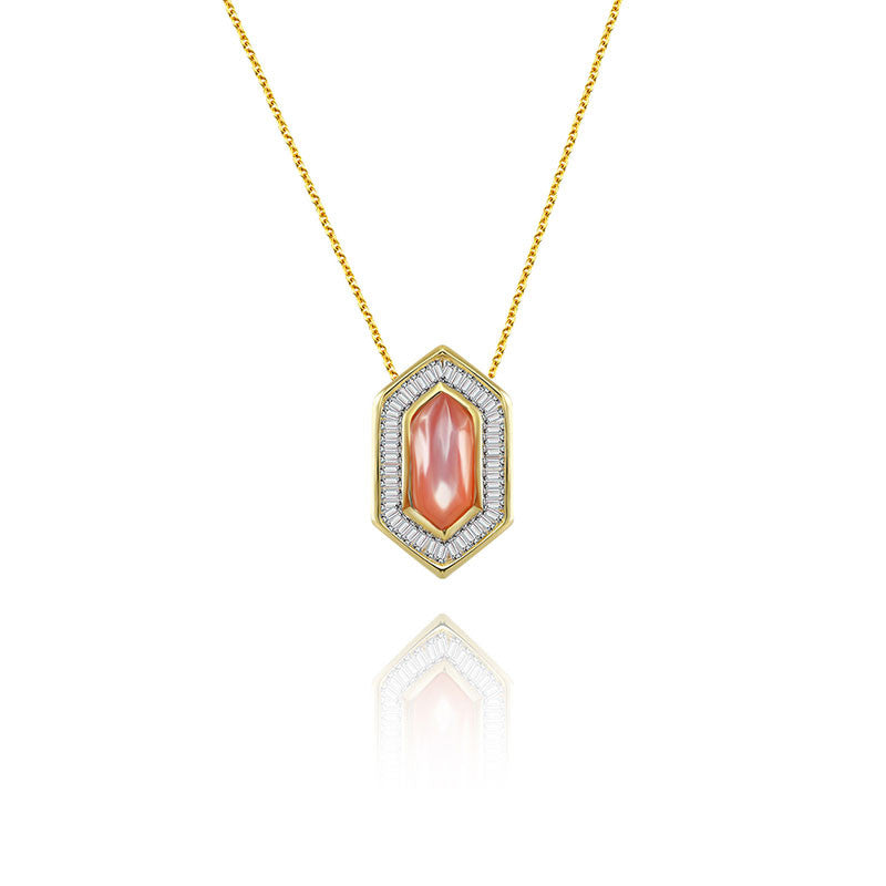 18k Gold Hexagonal Shape Pink Shell Diamond Necklace - Genevieve Collection