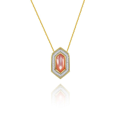 18k Gold Hexagonal Shape Pink Shell Diamond Necklace - Genevieve Collection