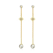 18k Gold Star Shape Chain Diamond Earring With Pearl - Genevieve Collection