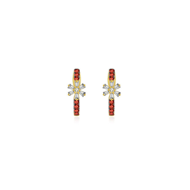 18k Gold Hoop Diamond And Ruby Earring with Flower Pattern - Genevieve Collection
