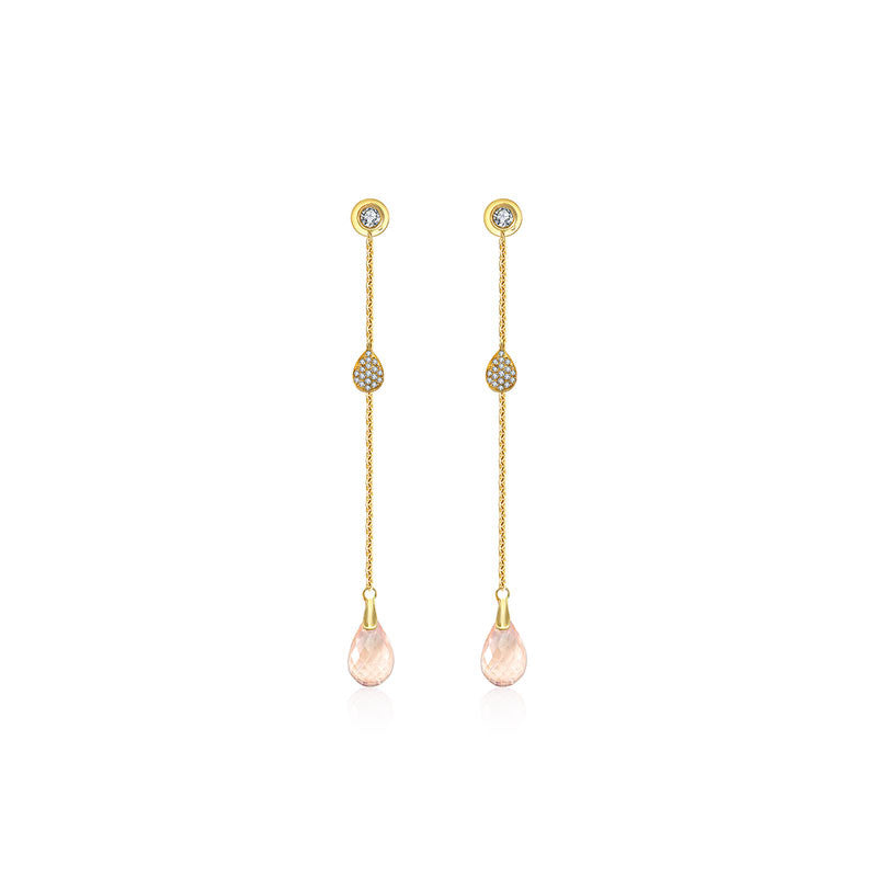 18k Gold Pink Quartz Chain Diamond Earring - Genevieve Collection