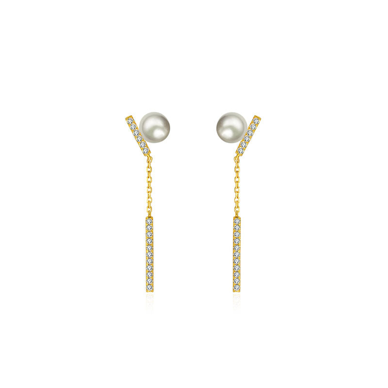 18k Gold Dangle Diamond Bar Earring with Pearl - Genevieve Collection