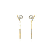 18k Gold Dangle Diamond Bar Earring with Pearl - Genevieve Collection