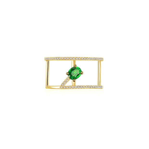 18k Gold Diamond Double Ring with Emerald - Genevieve Collection