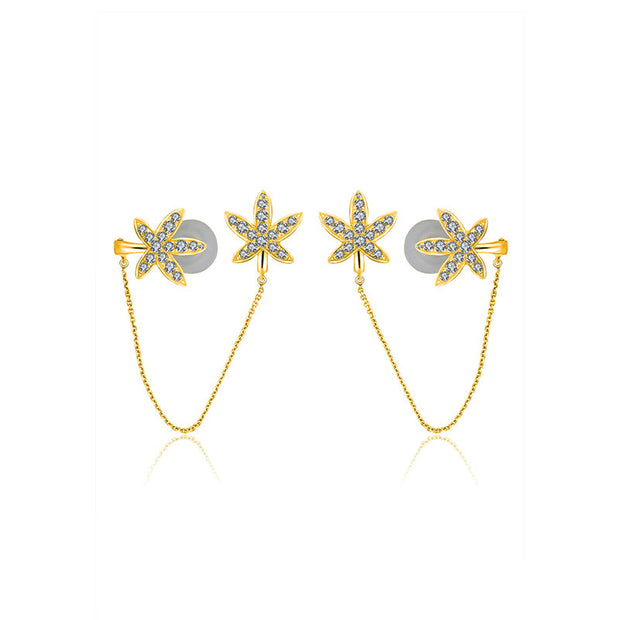 18k Gold Leaf Shape with Chain Diamond Ear Cuff & Earring - Genevieve Collection