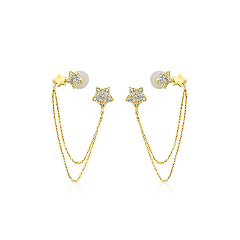 18k Gold Star Shape with Chain Diamond Ear Cuff & Earring - Genevieve Collection
