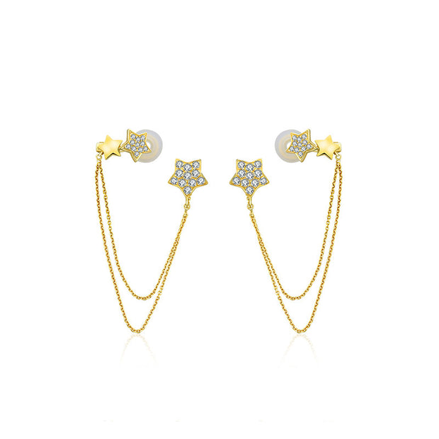 18k Gold Star Shape with Chain Diamond Ear Cuff & Earring - Genevieve Collection