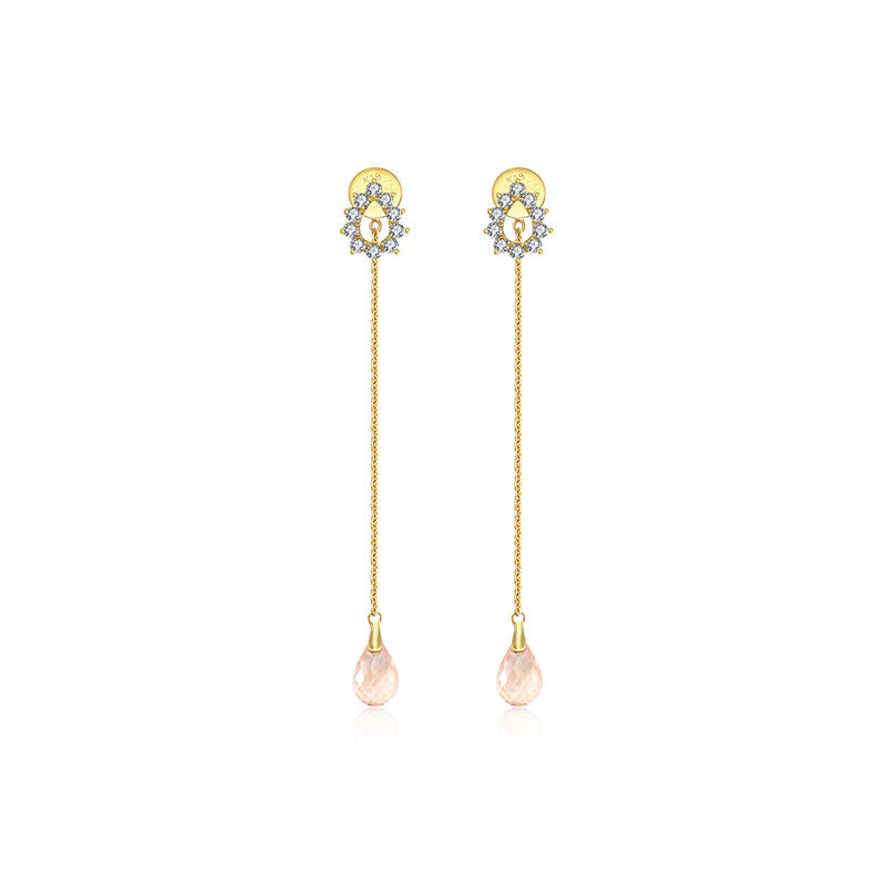 18k Gold Pink Quartz Chain Diamond Earring With Drop Shape - Genevieve Collection