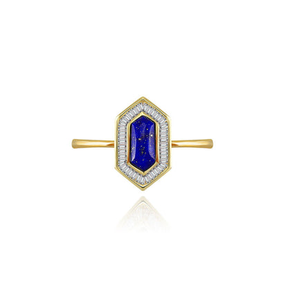18k Gold Hexagonal Shape Lapis Diamond Ring - Genevieve Collection