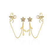 18k Gold Flower Shape with Chain Diamond Ear Cuff & Earring - Genevieve Collection