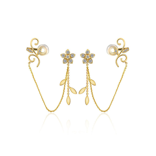 18k Gold Flower Shape with Chain Diamond Ear Cuff & Earring - Genevieve Collection