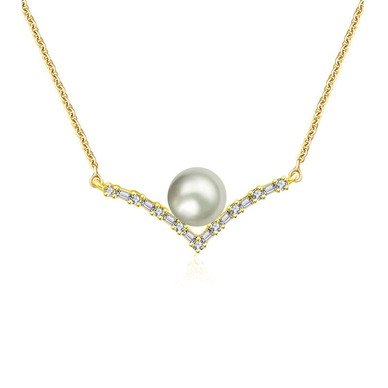 18k Gold Double Curve Diamond Necklace With Pearl - Genevieve Collection