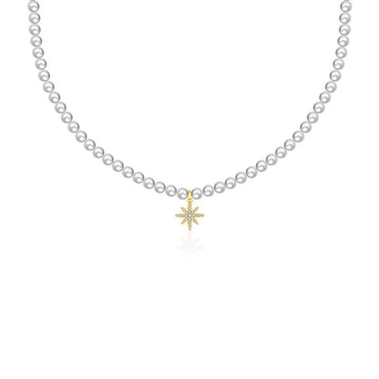 18k Gold Star Shape Diamond & Pearl Necklace - Genevieve Collection