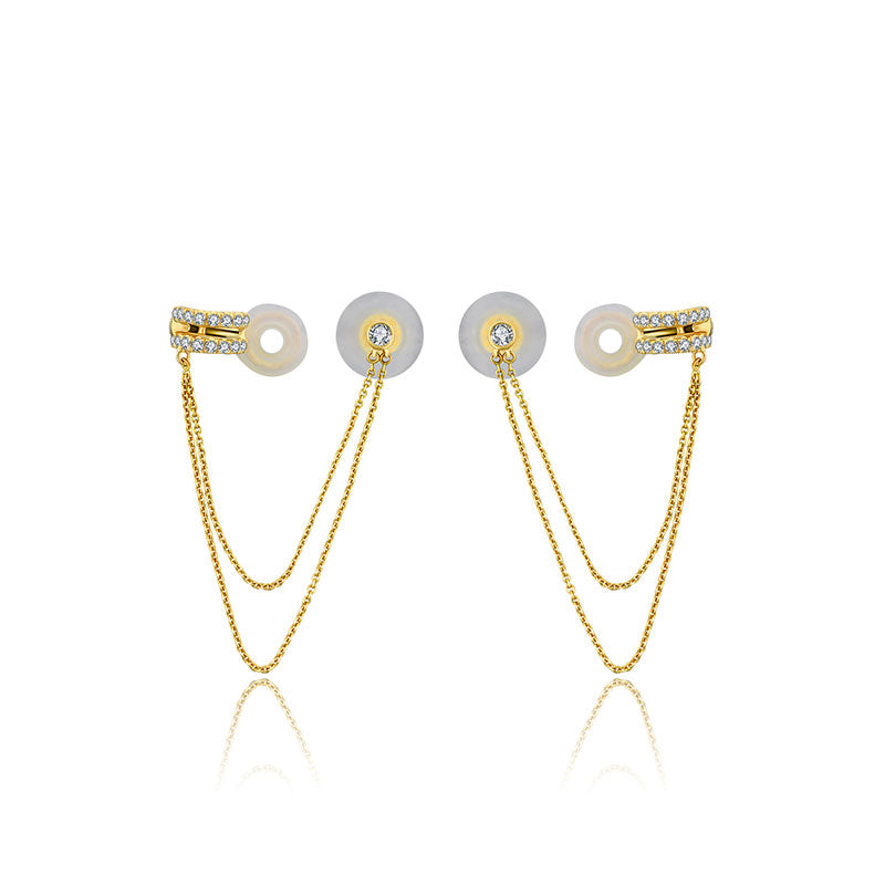 18k Gold Double Chain Diamond Ear Cuff & Earring - Genevieve Collection
