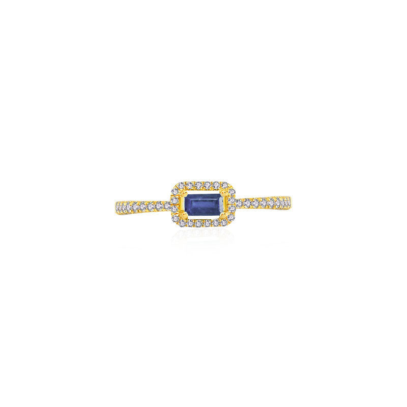 18k Gold Rectangle Shape Sapphire Ring Surrounded by Diamond - Genevieve Collection