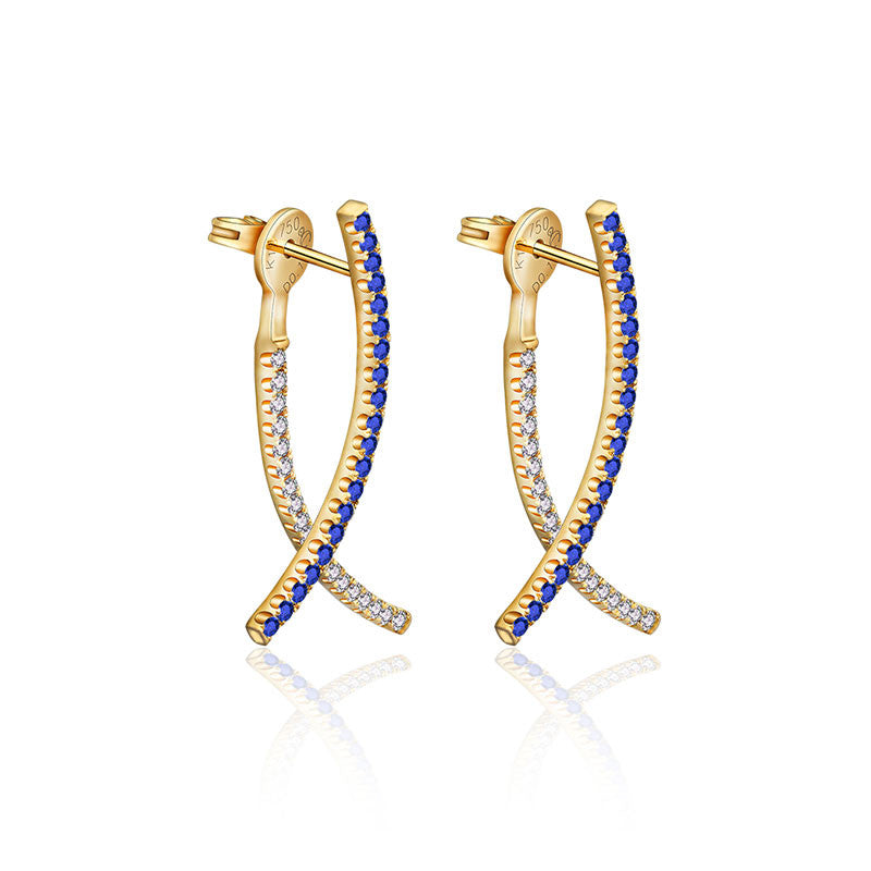 18k Gold Double Curve Diamond Earring With Sapphire - Genevieve Collection