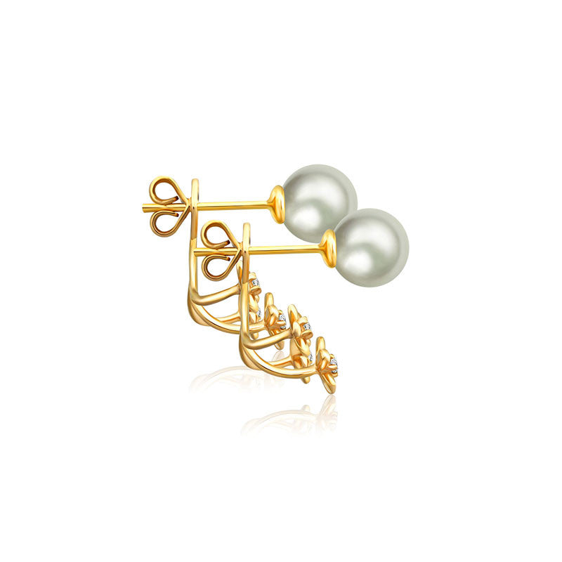 18k Gold Flower Diamond Earring Jacket With Pearl - Genevieve Collection