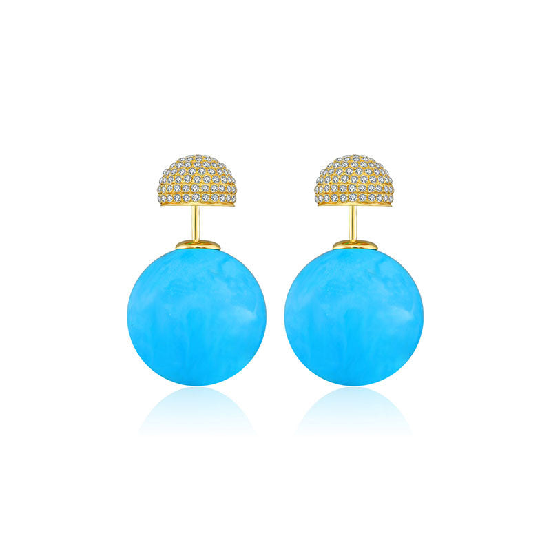 18k Gold 2 Ways Turquoise Diamond Earring in Half Round sphere - Genevieve Collection